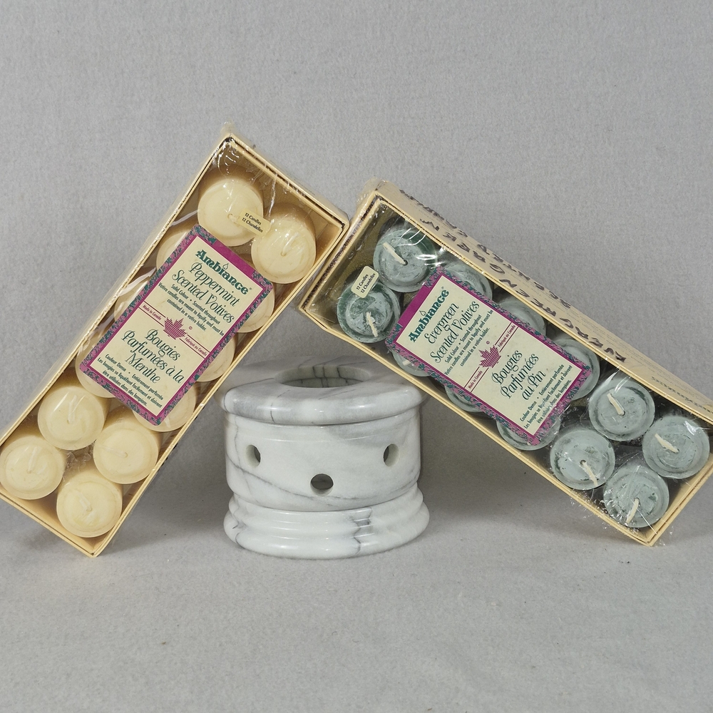 Vintage White & Gray Marble Candle Holder – Votive / Tea Light – with 24 Can